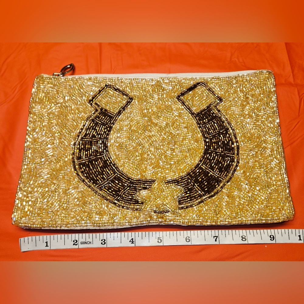 Hand Beaded Horseshoe Zippered Pouch Approx 10"×6" Gold & Brown